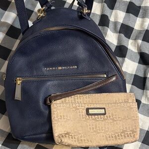 Tommy Hilfiger Blue and Brown Women's Backpack with Pouch